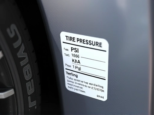 A close-up shot of a car's door jamb sticker, clearly showing the recommended tire pressure values in PSI and kPa, highlighting the importance of vehicle-specific information for tire maintenance.