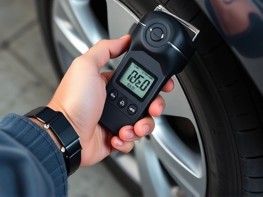 A detailed top-down view of a hand holding a digital tire pressure gauge, precisely measuring the pressure of a car tire, emphasizing accuracy and modern technology in car maintenance.