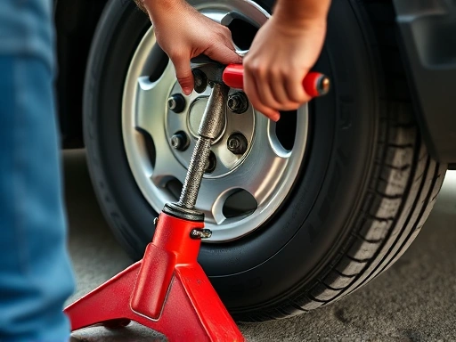 Close-up view of a person using a lug wrench to loosen lug nuts on a car wheel, with a jack positioned correctly underneath the vehicle for tire replacement.