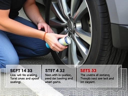 A person kneeling beside a car tire, carefully applying a tire puncture sealant can to the valve, showing a clear step-by-step process with a focus on ease of use and safety. The scene is outdoors on a road shoulder.