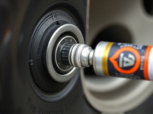Close-up of a tire valve stem with a can of tire puncture sealant hose securely attached, showing the sealant being injected into the tire, emphasizing the precision and simplicity of the connection.