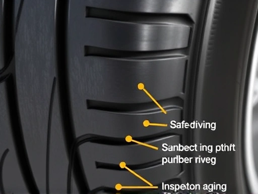 Detailed view of a car tire's sidewall showing the DOT code and manufacturing date, highlighting rubber aging and inspection points for safe driving.