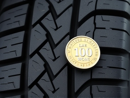 A close-up shot of a car tire tread, with a 100-won coin inserted to demonstrate wear measurement, emphasizing safety and maintenance.
