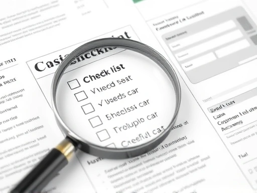 A detailed checklist with magnifying glass over used car documents, showing transparency and careful inspection, with a safe transaction in mind.