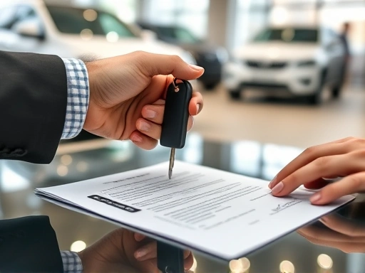Close-up of hands shaking over a car key and a signed contract, with a blurred background of a used car showroom, emphasizing trust and finalization.