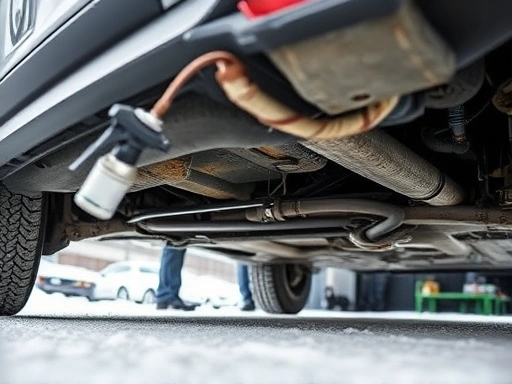 A car's undercarriage being sprayed with a protective undercoating substance, symbolizing rust prevention in winter, with technicians in the background.