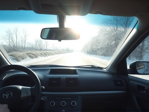 A car's interior in winter, with sunlight streaming through a clean, fog-free windshield, emphasizing clear visibility and safety on a frosty morning road.
