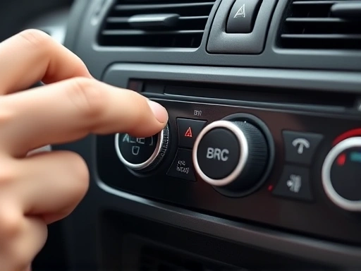 Close-up of a car dashboard showing a hand pressing the AC button with a defroster symbol, highlighting the climate control panel and the use of air conditioning for defogging.