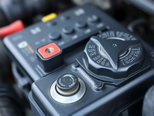 Close-up of a car engine's battery terminals and engine oil cap, with a visible automotive wrench or tool, indicating maintenance and care for cold weather starting.