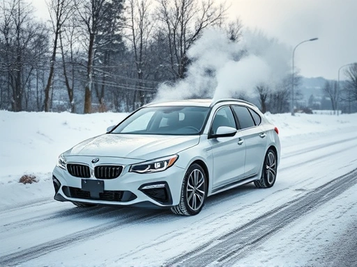 A modern car parked on a snowy road during winter, with steam gently rising from its hood, symbolizing engine warming and readiness.