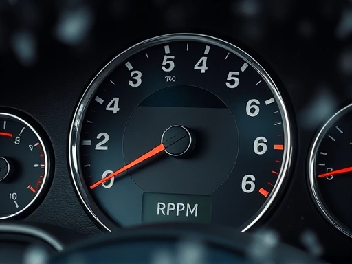 Close-up view of a car engine's dashboard showing the RPM needle and temperature gauge, indicating ideal warm-up conditions in a winter setting.