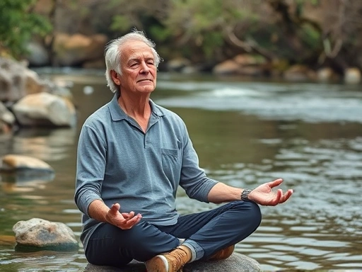 A serene, wise-looking person in their 50s, subtly meditating beside a calm, flowing river, representing flexible adaptation and peace in retirement preparation. The scene includes nature elements like rocks and trees, conveying a sense of tranquility and wisdom.