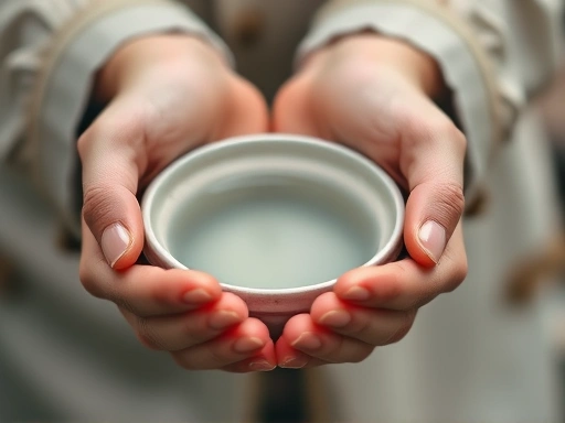 Close-up of hands gently holding a small bowl of clear water, reflecting a tranquil environment, symbolizing the humility and adaptability of Laozi's water philosophy for retirement. The water is pristine, suggesting purity and clarity of thought.