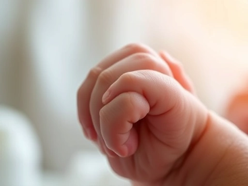 Close-up of a newborn's tiny hand grasping a parent's finger, symbolizing the deep, immediate, and unconditional bond, with a gentle, out-of-focus background representing infinite responsibility.