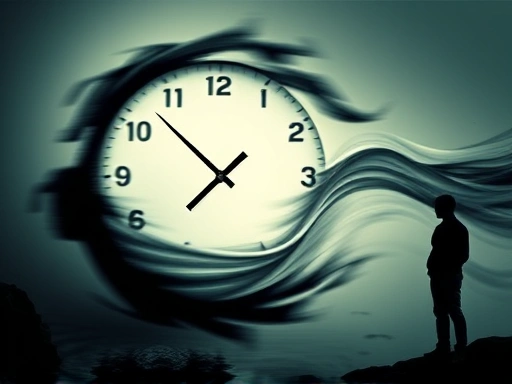 An abstract representation of time, with a clock face blurring into a flowing stream, symbolizing Bergson's duration and spatialized time, against a backdrop of pensive human silhouette, reflecting on regret and time.
