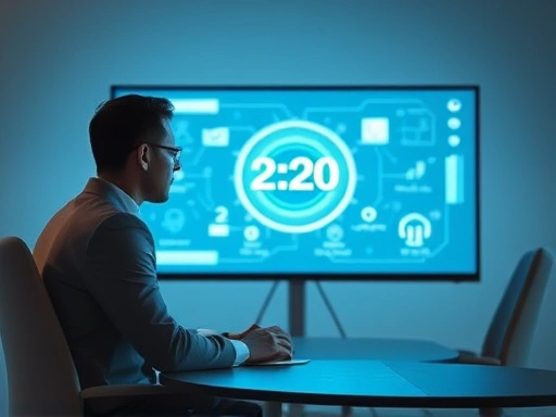 A futuristic job interview setting, where a human candidate is interacting with an AI interface on a large screen, focusing on the ethical dilemma. Calm, professional lighting, soft background. Keywords: AI interview, ethics, human dignity, digital interaction.