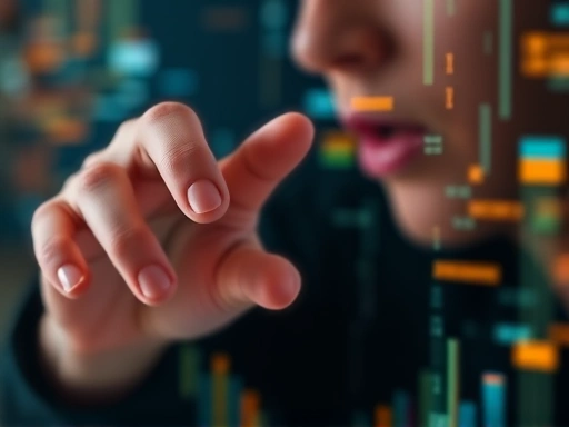 Close-up of human hands interacting with a blurred glowing interface, symbolizing the technical limitations and data processing in AI interviews. Focus on subtle human expressions and abstract data flows. Keywords: AI limitations, data bias, human emotion, ethical AI.