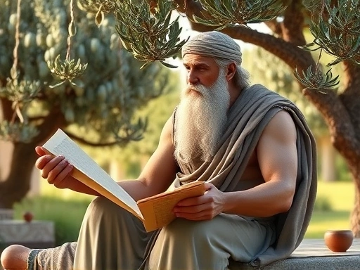 An ancient philosopher resembling Aristotle, with a long beard and toga, sitting in a serene Greek garden, discussing scrolls about friendship with a thoughtful expression, surrounded by lush olive trees.