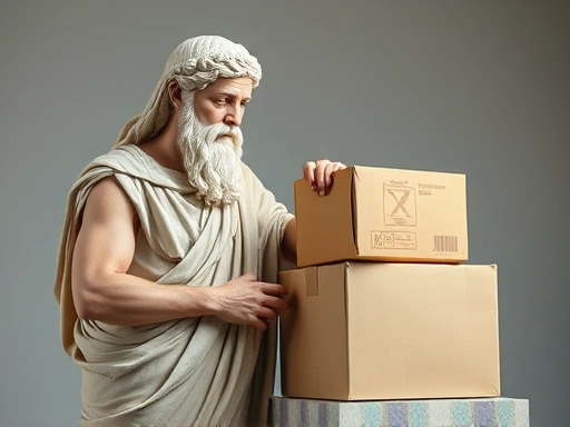 An ancient Greek philosopher, reminiscent of Epictetus, thoughtfully observing a modern, slightly delayed delivery box, symbolizing the blend of timeless wisdom and contemporary frustration.