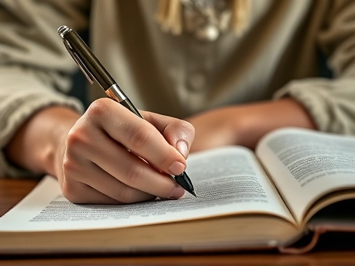 A close-up of a student's hands writing in a journal, with subtle classical philosophical symbols in the background, conveying deep reflection and controlled thought, embodying the stoic practice of managing emotions and focus.