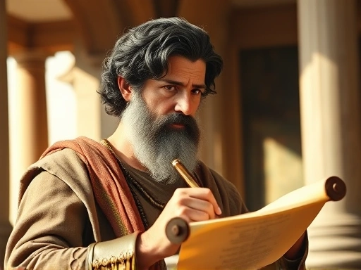 A wise, ancient philosopher with a thoughtful expression, perhaps Marcus Aurelius himself, writing on a scroll in a sunlit Roman study, emphasizing the timeless nature of stoic philosophy and positive thinking. Focus on his contemplative face and the classic setting.