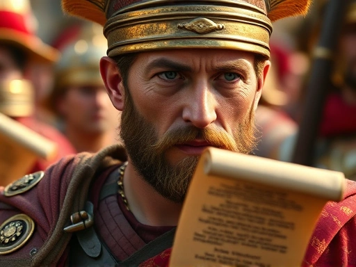 A close-up of an ancient Roman soldier, resembling Marcus Aurelius, holding a philosophical scroll with a pensive expression, representing duty and acceptance amidst his military environment, focusing on his thoughtful face.