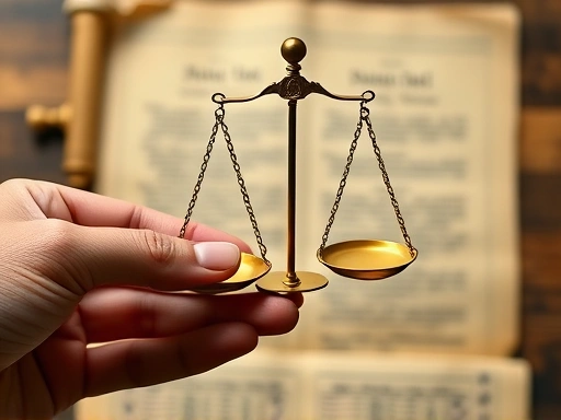 Close-up of a hand holding a delicate scale perfectly balanced, with a philosopher's scroll in the background, symbolizing Aristotle's Golden Mean applied to achieving equilibrium and wisdom in challenging situations.