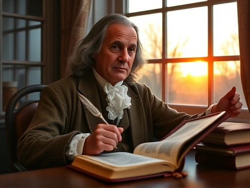 A wise man resembling Benjamin Franklin, with a quill and an open book, sitting at a desk by a window during early morning, illustrating deep thought and structured time management, with a gentle sunrise in the background. Focused on historical and intellectual themes.