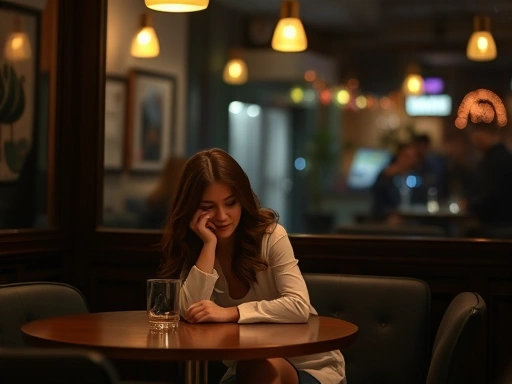 A woman sitting alone at a cafe table, looking disappointed after a blind date, with a subtle, ethereal light symbolizing an ideal form hovering above her, in a modern, slightly melancholic style, focusing on blind date disappointment and an ideal encounter.