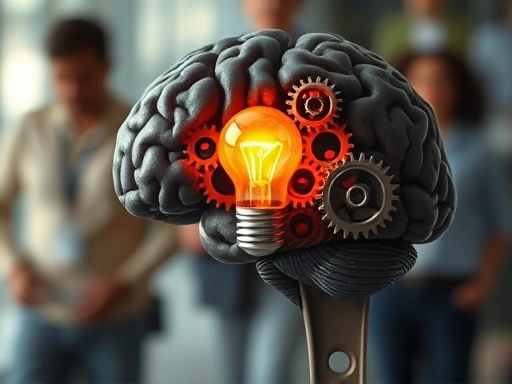 A close-up shot of a human brain with interconnected gears and a glowing lightbulb, illustrating the complex process of decision-making and the spark of practical wisdom, set against a blurred background of daily activities. Emphasize mental clarity and the mechanism of choice.