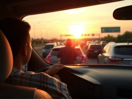 A car stuck in heavy traffic on a busy highway at sunset, with a person inside looking calm and contemplative, reflecting on Buddhist wisdom. Serene, peaceful mood, focus on inner tranquility amidst chaos.