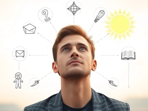 A person with a thoughtful expression, surrounded by subtle philosophical symbols, looking towards a bright horizon, symbolizing overcoming burnout with intellectual growth.