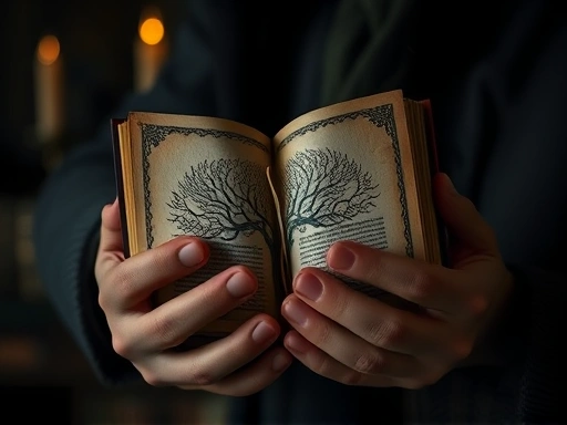 A close-up shot of hands holding an ancient-looking book with a stylized tree of life design, symbolizing knowledge and revitalized growth amidst a serene, dimly lit backdrop.