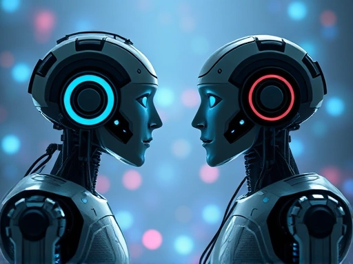 A philosophical discussion between a human and an advanced chatbot, highlighting themes of intelligence, consciousness, and what it means to be human in a futuristic setting, with a thoughtful, reflective tone.