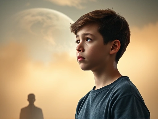A thought-provoking image of a young person looking contemplatively at a hazy, uncertain future, symbolizing climate change depression, with a backdrop of a subtly depicted globe and a silhouette of Hans Jonas, suggesting philosophical reflection and responsibility.