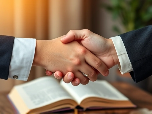 A close-up of two hands shaking, symbolizing mutual respect and agreement, with a subtle, blurred background showing an open philosophical book and a warm, inviting atmosphere, universal moral law, genuine etiquette.