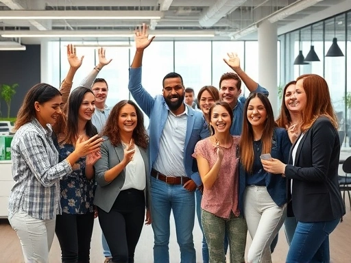 A diverse team of professionals celebrating a project success in a modern, collaborative office space, depicting shared joy and strong teamwork, with focus on positive interactions. Includes keywords: team success, workplace harmony, shared celebration, professional growth.