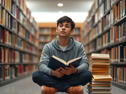 A young university student sits alone in a library, looking contemplative and slightly overwhelmed by books, representing an identity crisis, with a subtle philosophical aura. The scene is calm and reflective, capturing the essence of a student's deep thought.