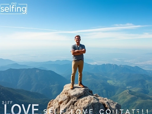 A person standing confidently on a mountain peak, overlooking a vast, challenging landscape, embodying self-acceptance and the embrace of destiny, with elements of growth and inner strength. Confidence, self-love, destiny.