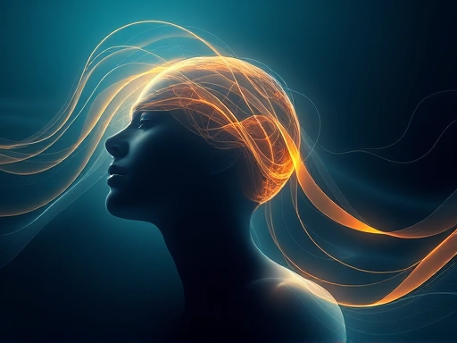 A person's head dissolving into flowing, luminous lines, representing the concept of intuition and duration according to Bergson's philosophy, with abstract shapes and soft light, philosophical, creative, artistic, deep blue and gold colors.