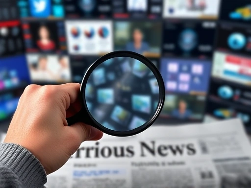 A close-up shot of hands holding a magnifying glass over a blurred newspaper headline, with a background of various digital screens displaying scattered information, symbolizing the act of scrutinizing information in the age of fake news.