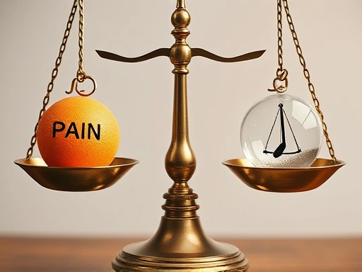 A close-up, detailed illustration of a balanced scale, symbolizing Epicurus's Hedonic Calculus, with abstract representations of 'pain' and 'pleasure' on each side, emphasizing rational choice.