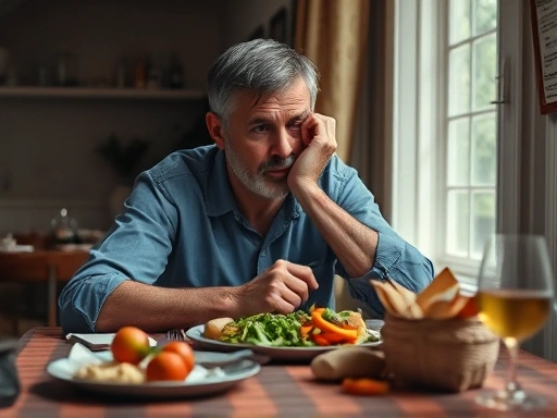 A person sitting at a table with a diet meal, looking overwhelmed and contemplating giving up, with a subtle aura of ancient Greek philosophy, showing struggle but hope. High detail, vibrant colors, realistic.