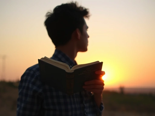 A person looking contemplatively at a sunset, holding an old book instead of a phone, symbolizing a digital detox and philosophical reflection on being, with a tranquil natural background.