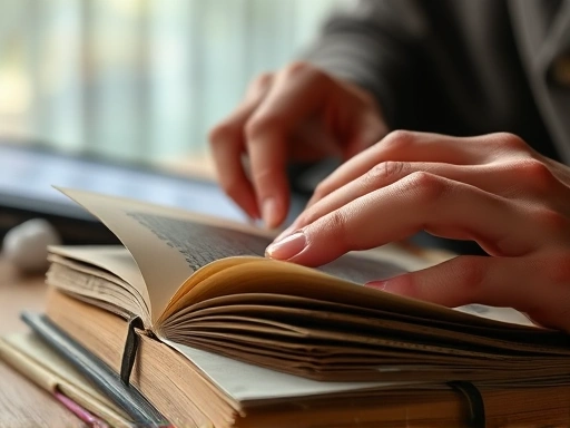 Close-up of a person's hands turning the pages of an old, worn book, with a blurred background showing a subtle glow from a digital device, symbolizing the choice of authentic engagement over technological distraction.