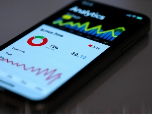Close-up view of a smartphone screen displaying analytics of app usage and screen time, with abstract data visualization patterns, symbolizing the digital footprint and self-awareness gained from tracking personal digital habits. Focus on data and reflection.