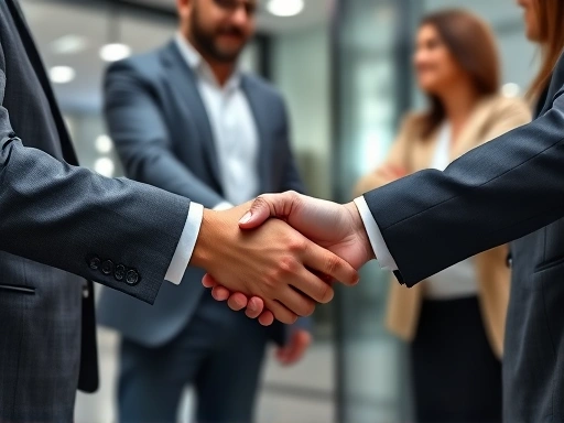 Close-up of hands of diverse colleagues shaking hands in a modern office, showing mutual respect and collaboration, emphasizing professional connection and shared understanding.