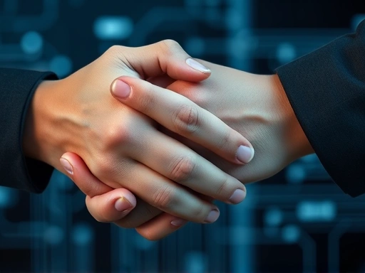 Close-up view of two hands clasped in connection, with subtle blurred technological lines or circuits in the background, symbolizing the human element amidst technology. Focus on the hands and human connection, abstract tech background.
