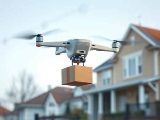 A futuristic drone delivering a package to a suburban home, with a subtle abstract background representing complex philosophical thought, clear sky, subtle technological elements. Focus on the drone in action, with the house in the background.