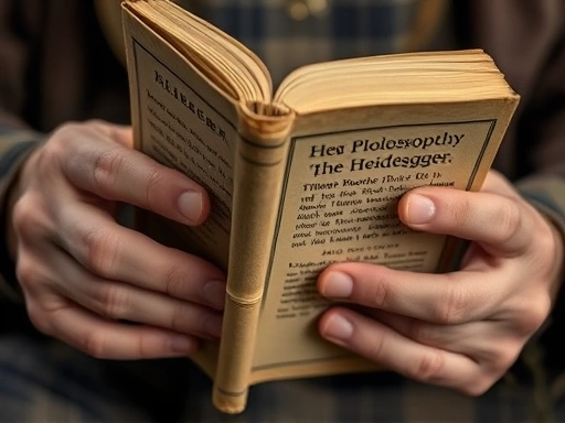 Close-up of an elderly person's hands holding an antique philosophical book, with lines of wisdom visible, perhaps a subtle hint of a clock or hourglass in the background, symbolizing time and finitude. Keywords: Heidegger, wisdom, finitude, meaning, time, close-up.